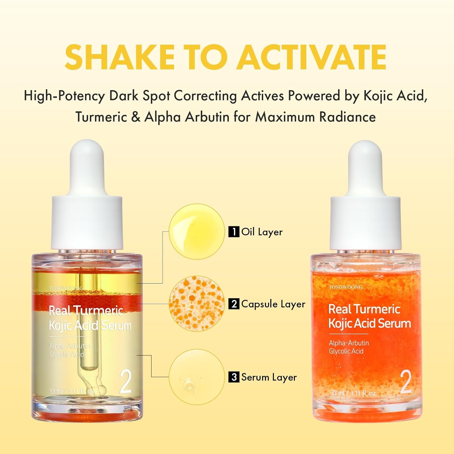 Real Turmeric Kojic Acid Serum, 7,000Ppm Kojic Acid, 1,500Ppm Turmeric, Alpha Arbutin, Astaxanthin, Glycolic Acid, Dark Spots, Freckle, Soothing, Calming, Korean Skin Care, 33Ml/1.11 Fl.Oz.