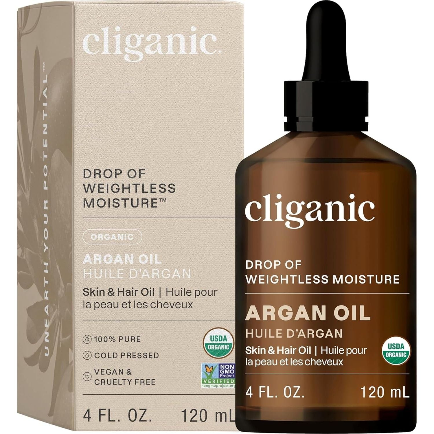 Cliganic Organic Argan Oil – 120ml | 100% Pure Cold-Pressed Moroccan Oil for Hair, Skin, Face & Nails