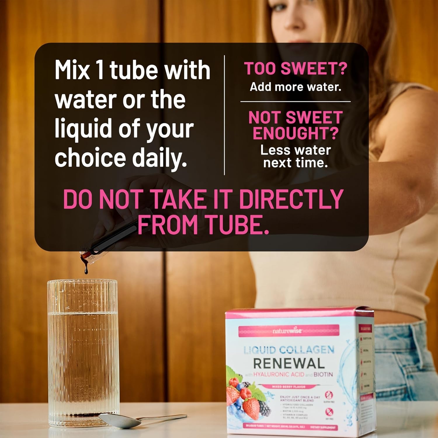 NatureWise Liquid Collagen RENEWAL With Hyaluronic Acid & Biotin (Mixed Berry) - 30 Liquid Tubes, 300ml