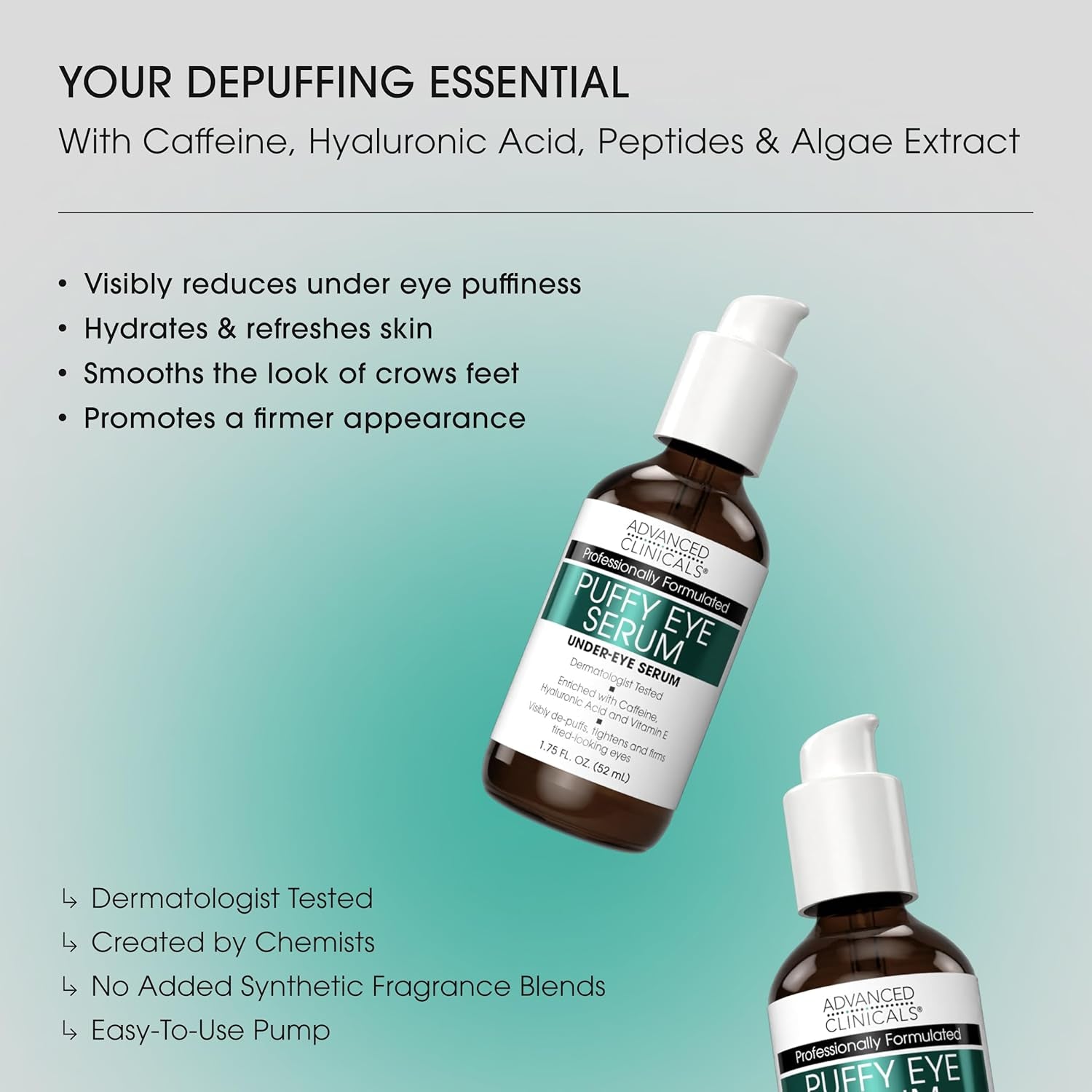 Puffy Eye under Eye Serum | Visible anti Aging Brightening Vitamin C + Caffeine Serum Helps Improve Look of Puffiness, Fine Lines, Dark Circles, & Uneven Skin Tone, 1.75 Fl Oz