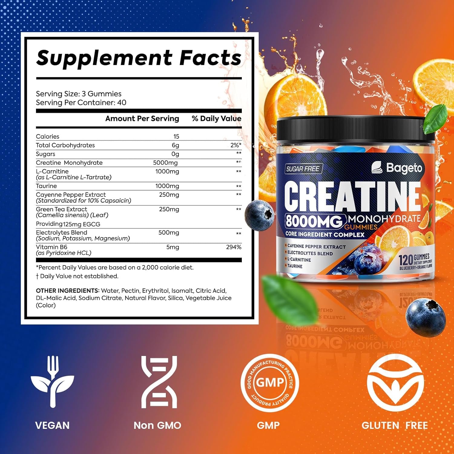 Bageto Creatine Monohydrate Gummies Complex – 120 Gummies | Sugar-Free Creatine + Taurine & Electrolytes for Strength, Recovery & Energy