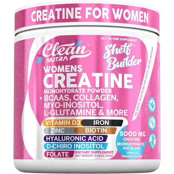 Clean Nutraceuticals Women’s Creatine – 269g | Tropical Orange – Creatine + Collagen, BCAAs, Biotin & Vitamins for Muscle, Recovery & Beauty