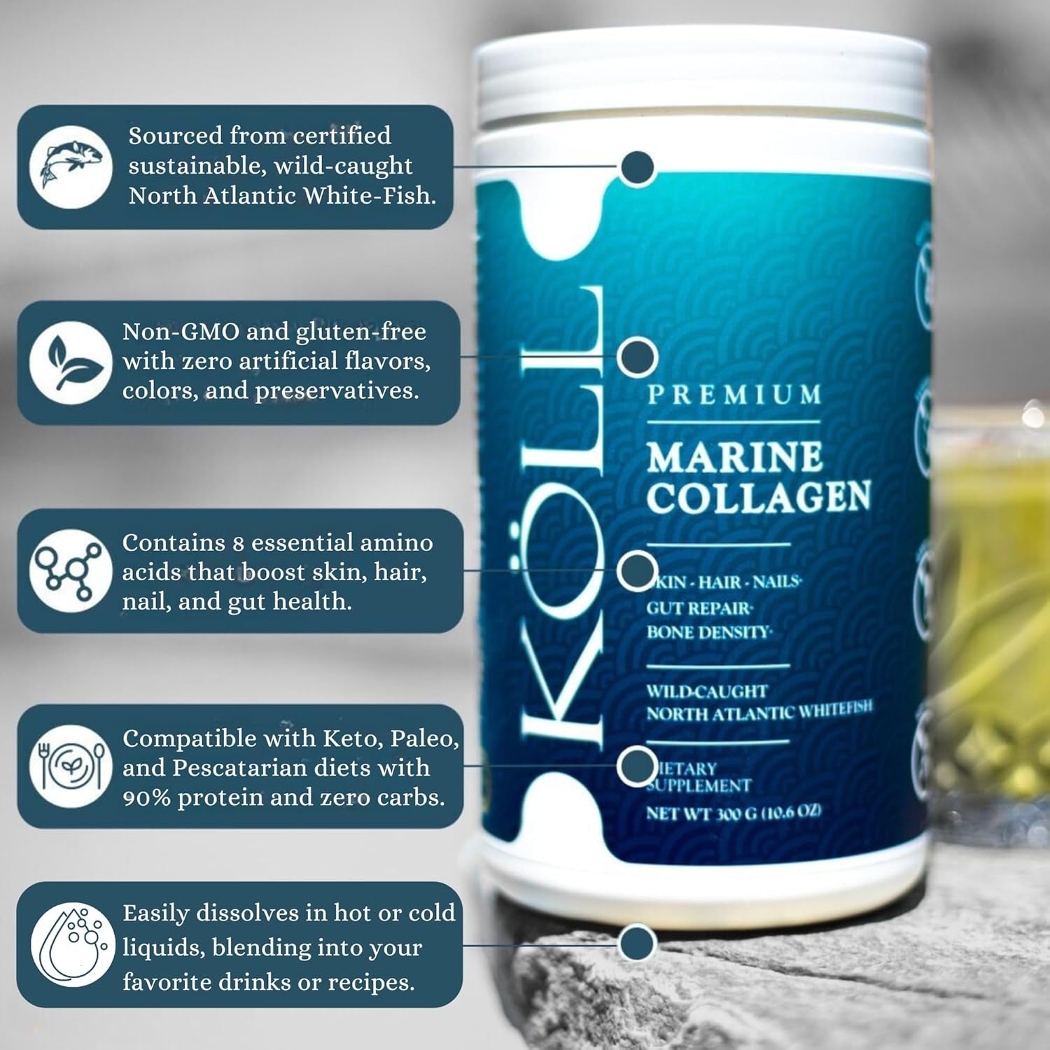 KÖLL Hydrolyzed Marine Collagen Peptides Powder - 300g
