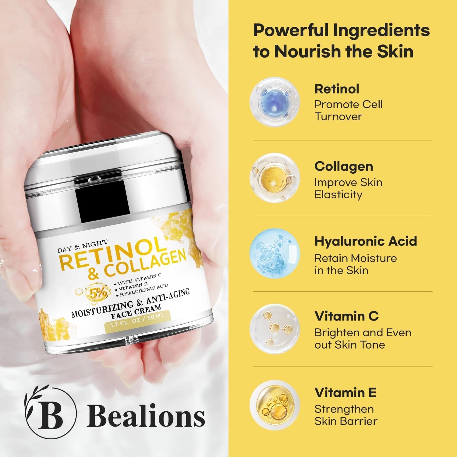 Bealions Day & Night Retinol & Collagen Moisturizing & Anti-Aging Face Cream – 50ml | Firm, Lift & Hydrate