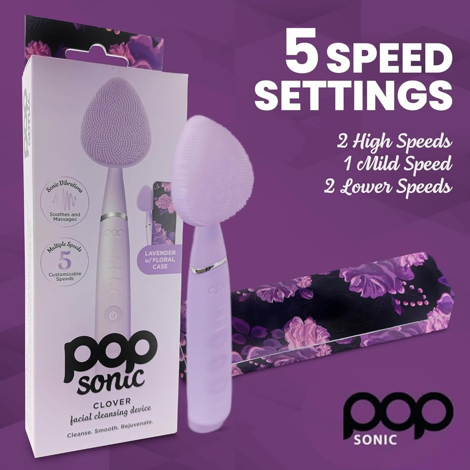 Pop Sonic Clover Facial Cleansing Device (Lavender) | 5-Speed Silicone Vibrating Face Brush for Deep, Gentle Cleansing