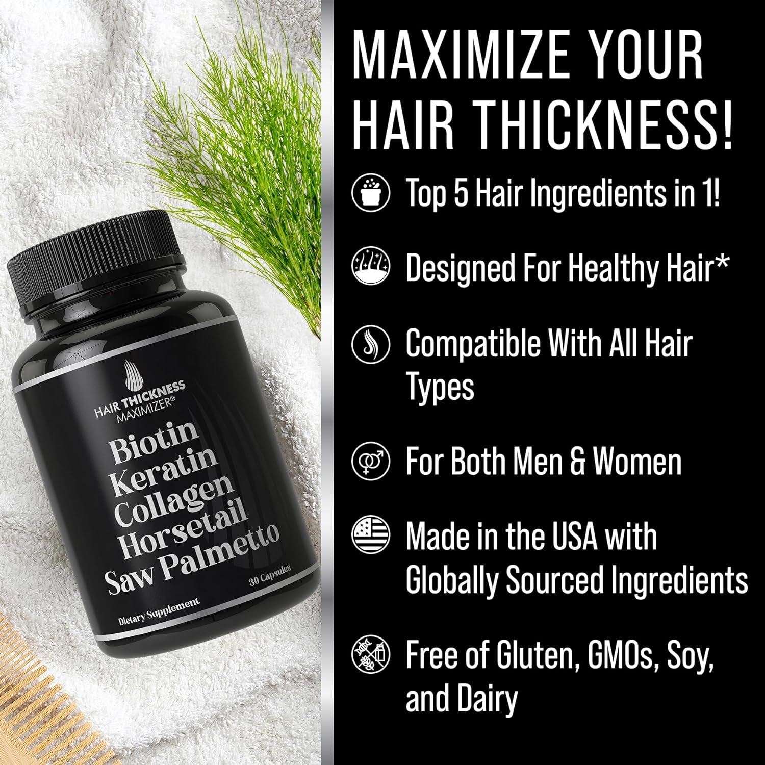 Hair Thickness Maximizer Biotin, Keratin, Collagen, Horsetail, Saw Palmetto – 5-In-1 Hair Growth Supplement - 30 Capsules