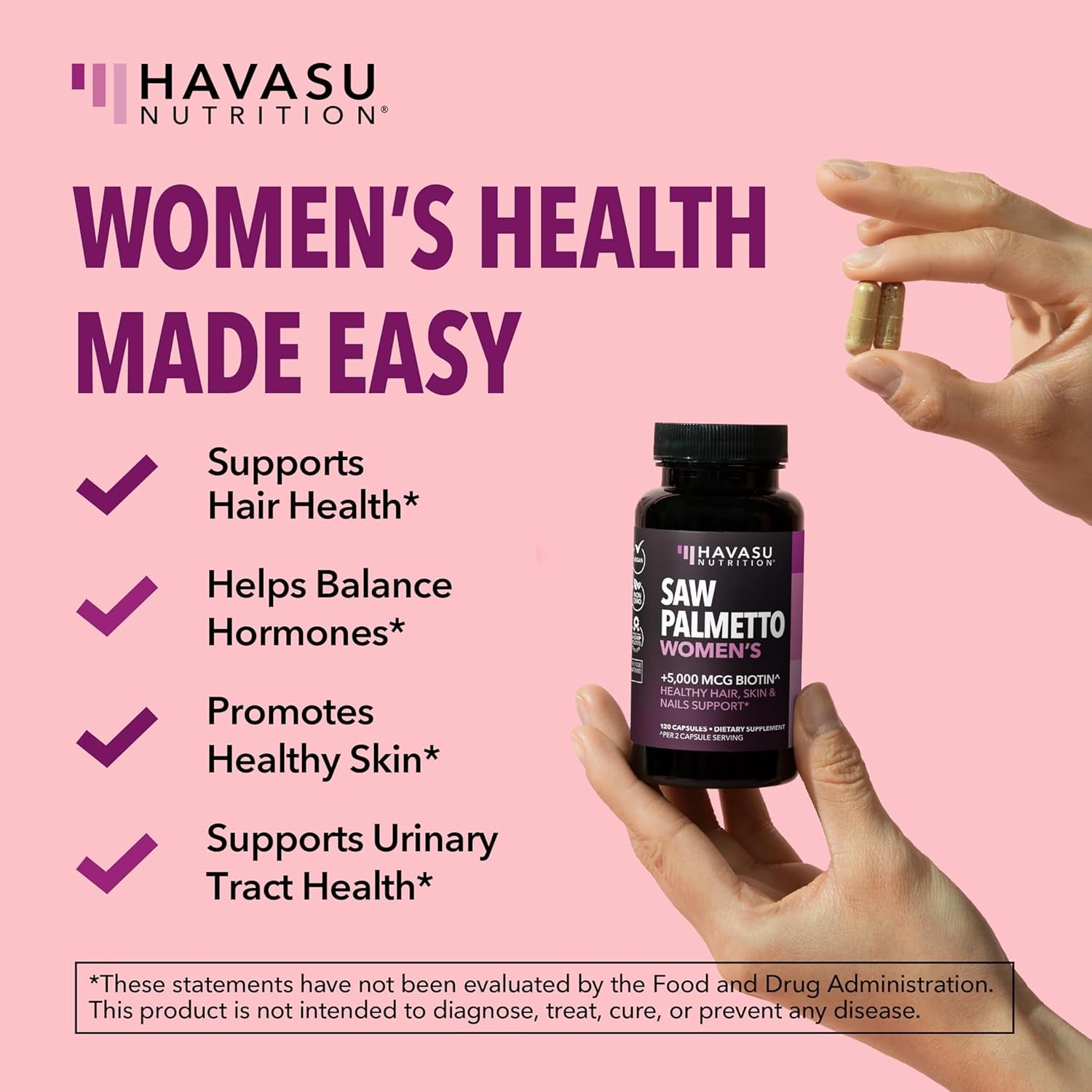 HAVASU NUTRITION Saw Palmetto Women’s – 120 Capsules | Hair, Skin & Nail Support with Biotin