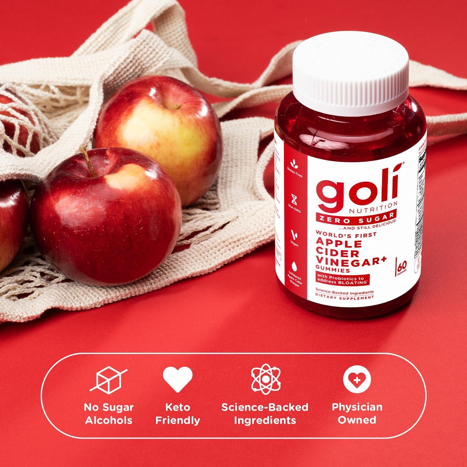 Goli Zero Sugar Apple Cider Vinegar Gummies – 60 Gummies | Gut Health, Bloating Relief & Energy Support