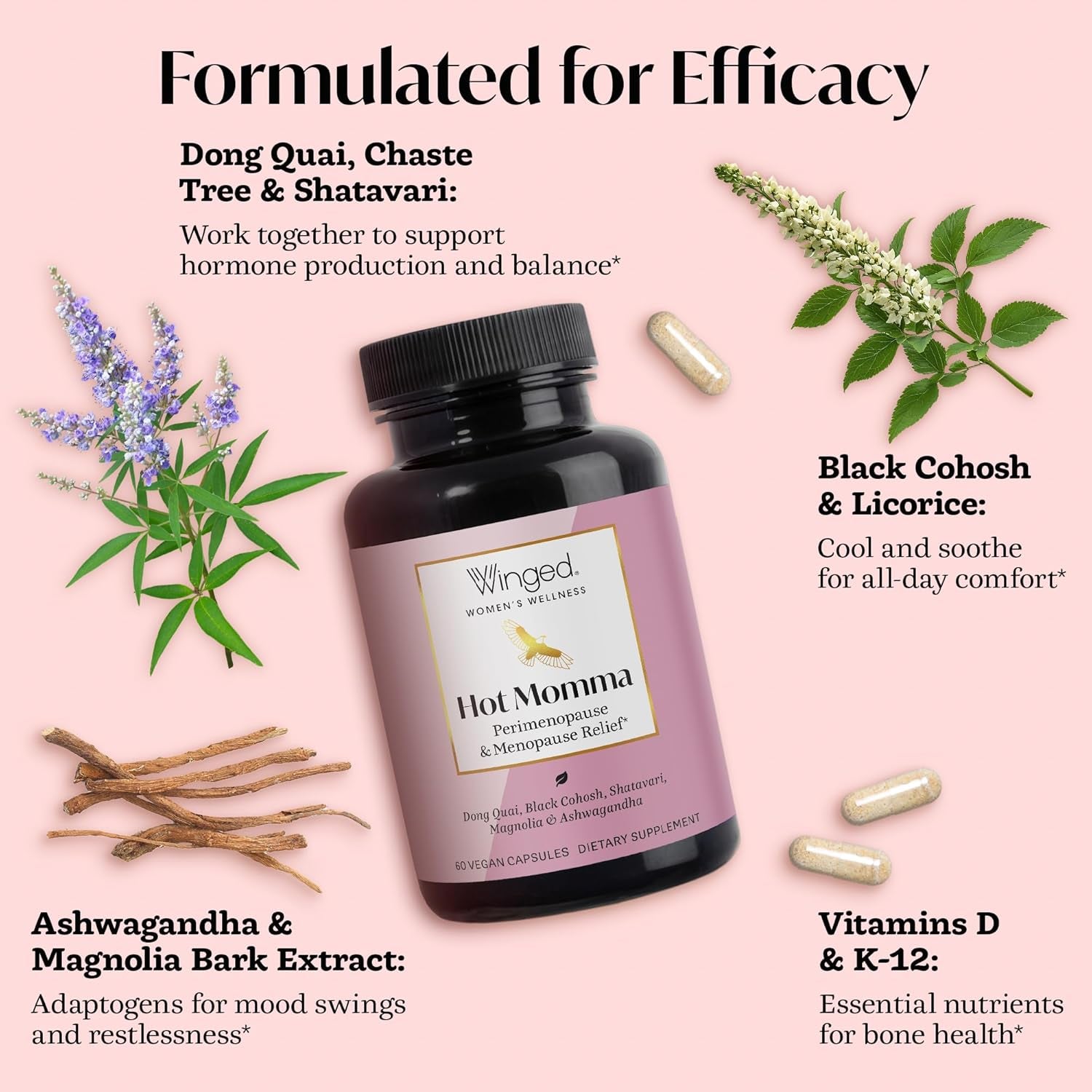 Winged Wellness Hot Momma Perimenopause & Menopause – 60 Vegan Capsules | Hormone-Free Relief for Hot Flashes, Mood & Sleep Support
