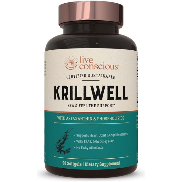 Live Conscious KRILLWELL – 90 Softgels | Omega-3 Krill Oil with EPA, DHA & Astaxanthin for Brain, Joint & Heart Health