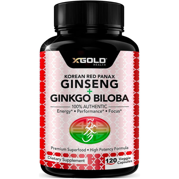 X Gold Health Korean Red Panax Ginseng + Ginkgo Biloba – 120 Capsules | Natural Energy, Focus & Mental Clarity