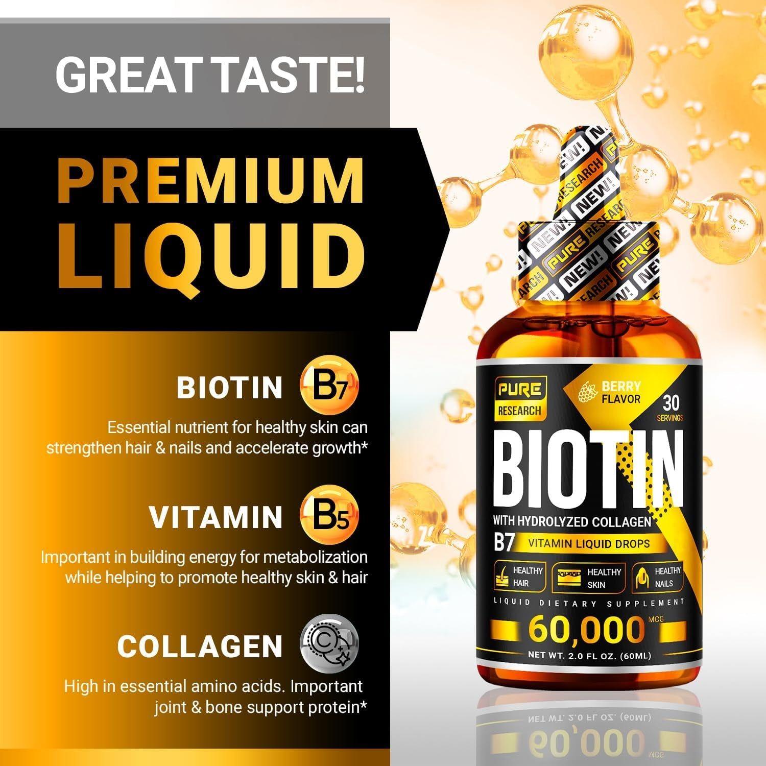 Liquid Biotin & Collagen Hair Growth Drops 60,000Mcg - Biotin and Liquid Collagen Supplement for Men & Women - Glowing Skin Support, Healthy Hair & Nail Growth - 2Oz
