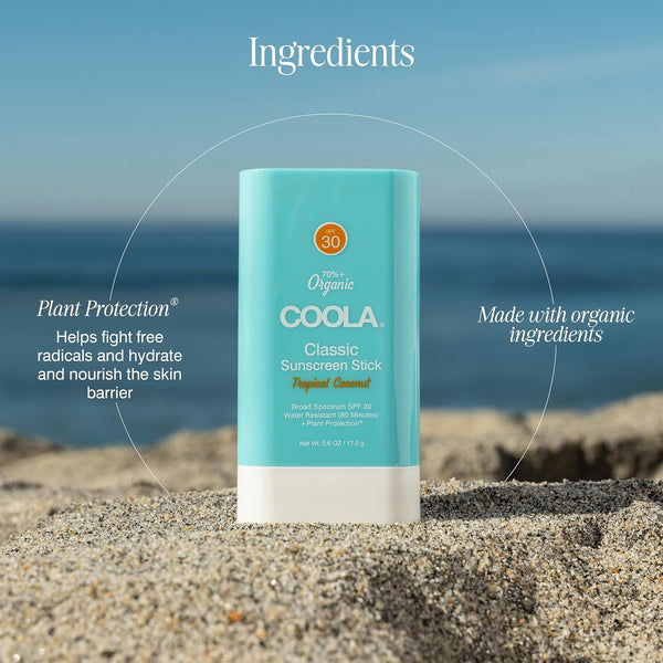 COOLA Classic Sunscreen Stick SPF 30 Tropical Coconut – 17g | Mess-Free, Travel-Friendly Sun Protection with Antioxidants
