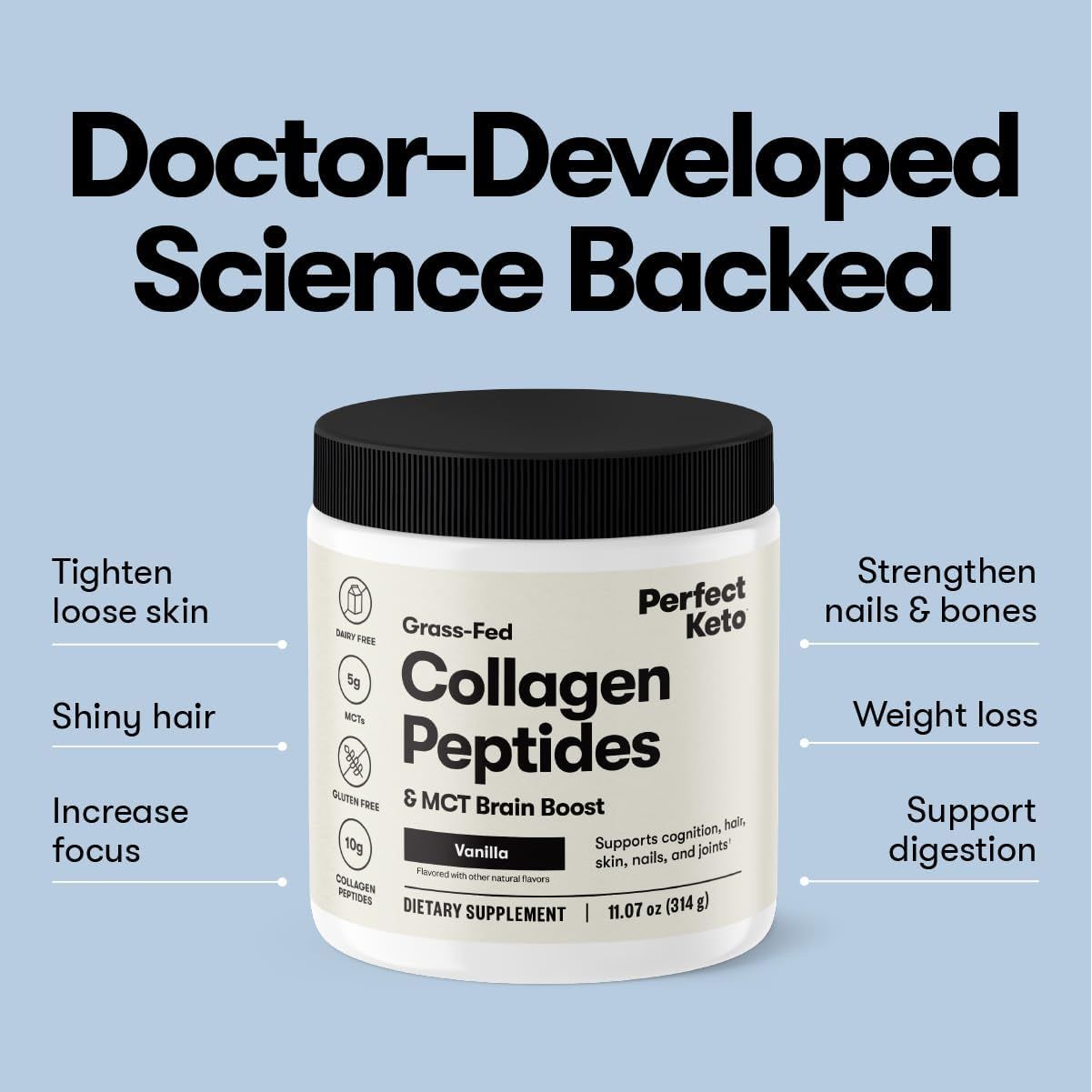 Perfect Keto Grass-Fed Collagen Peptides & MCT Brain Boost – 343g | Chocolate Flavored Keto Protein Powder