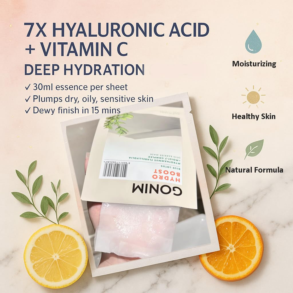 GONIM Hydro Boost Mask – 20 Sheets | 7X Hyaluronic Acid, Collagen & Vitamin C Hydration