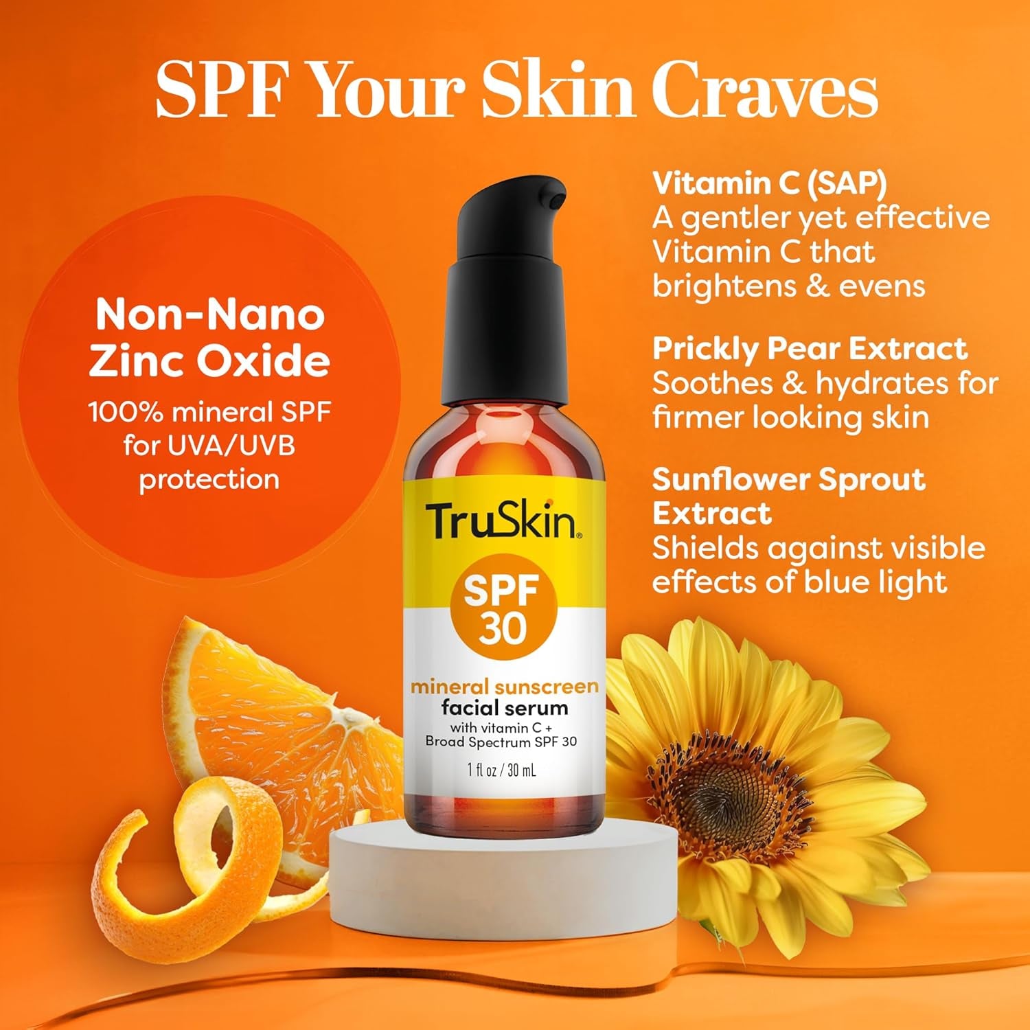 TruSkin SPF 30 Mineral Sunscreen Facial Serum – 30ml | Tinted Broad-Spectrum Sun Protection with Vitamin C & Hydration Boost