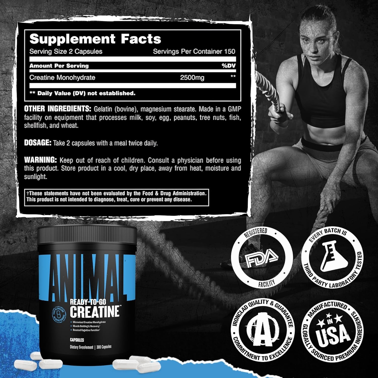 Animal Micronized Creatine Monohydrate Capsules – 300 Caps | 2,500mg Per Serving for Muscle Growth & Recovery