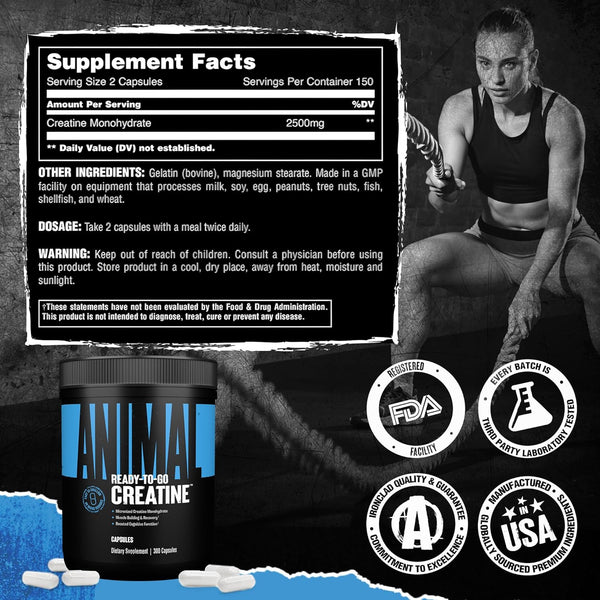 Animal Micronized Creatine Monohydrate Capsules – 300 Caps | 2,500mg Per Serving for Muscle Growth & Recovery