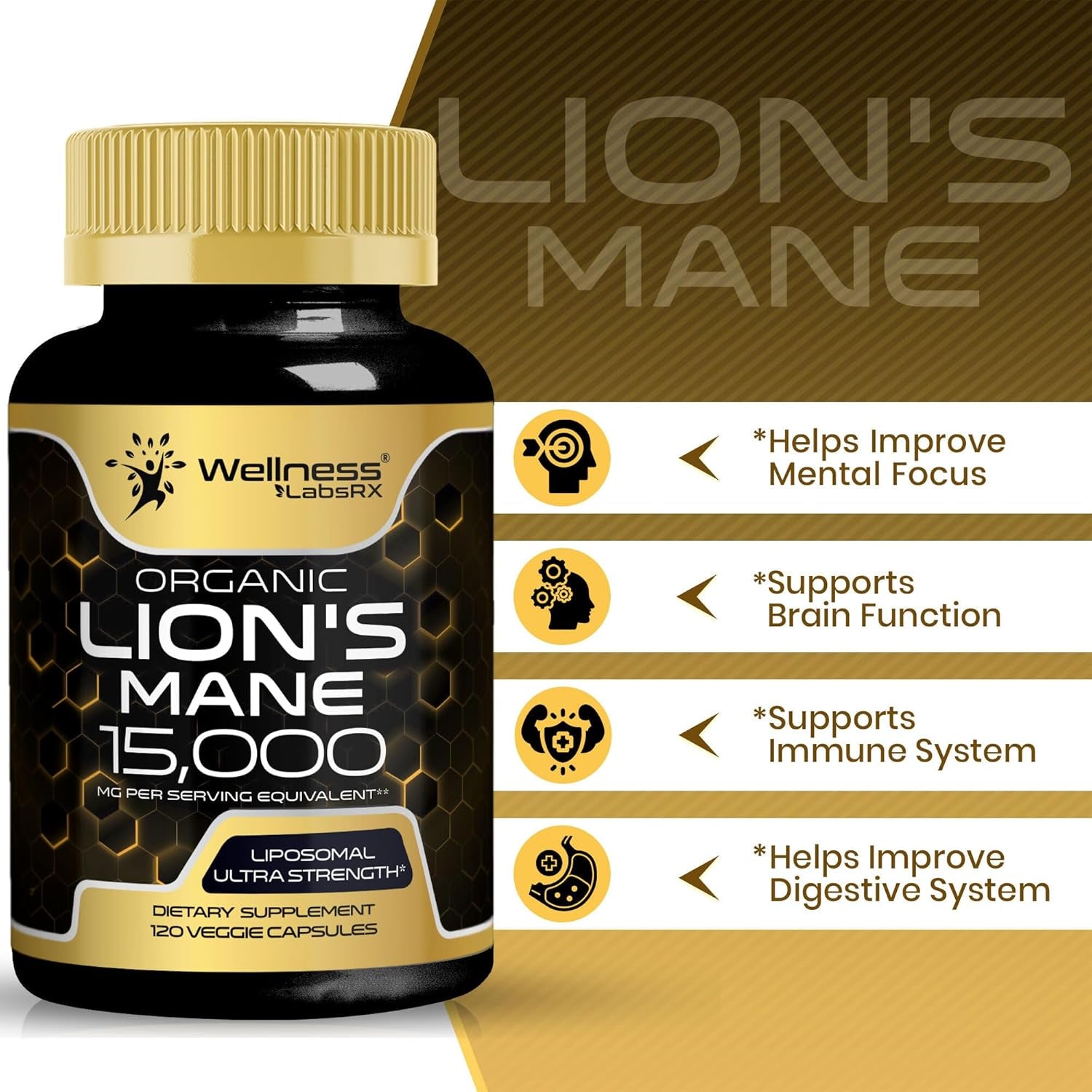 WELLNESS LABSRX Organic Lion's Mane 15,000MG - 120 Capsules