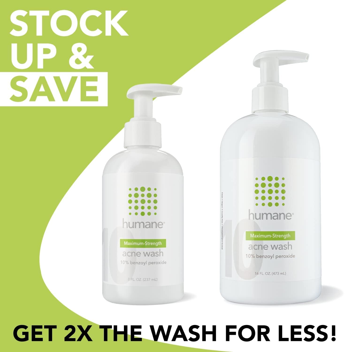 Humane Maximum-Strength Acne Wash – 473ml | 10% Benzoyl Peroxide Body & Face Cleanser for Stubborn Acne
