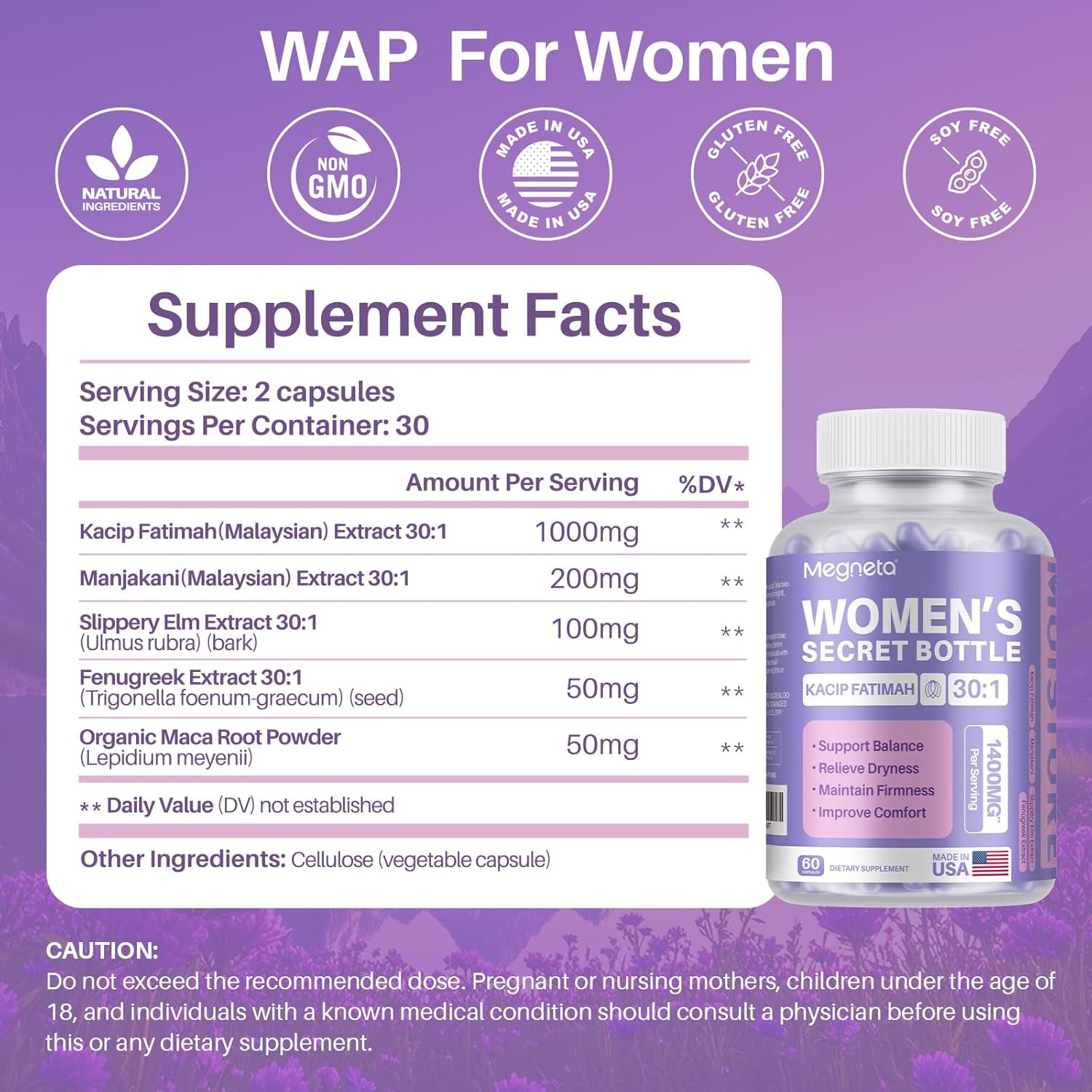 MEGNETA Vaginal Moisturizer – 60 Capsules | Kacip Fatimah, Manjakani & Slippery Elm for Intimate Health & Moisture