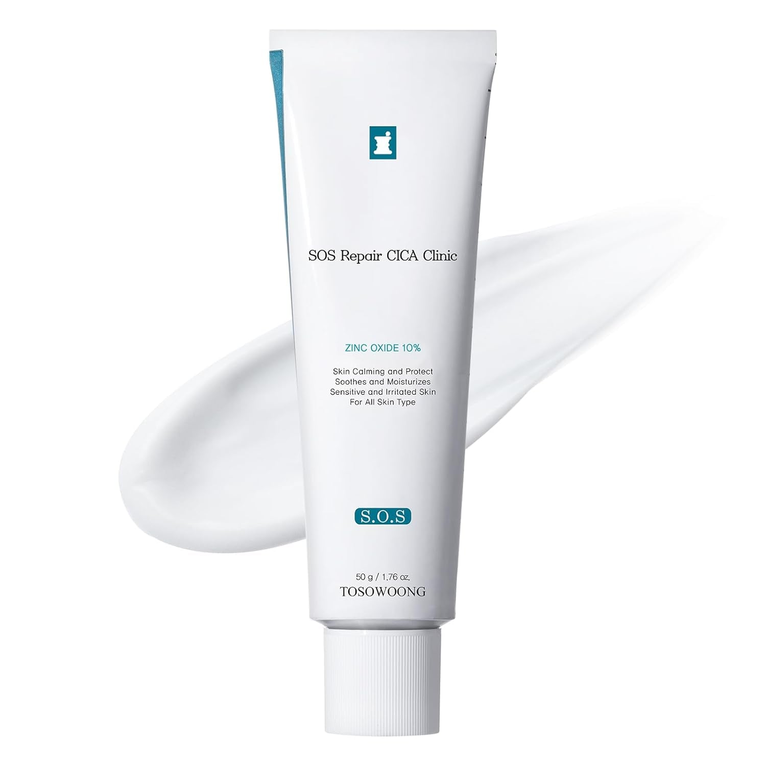 SOS Repair CICA Clinic Zinc Cream, 100,000Ppm Zinc Oxide, Heal, Soothe Acne, Redness, Rosacea Treatment, Skin Barrier Repair, Moisture, Non-Comedogenic, Korean Skincare, 50G, 1.76 Oz.