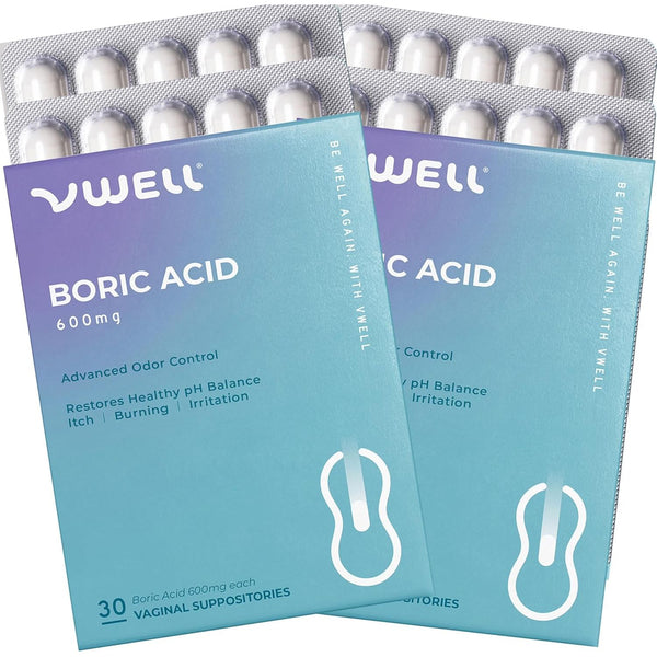 VWELL Boric Acid 600mg – 30 Vaginal Suppositories x 2 Packs | pH Balance & Odor Control