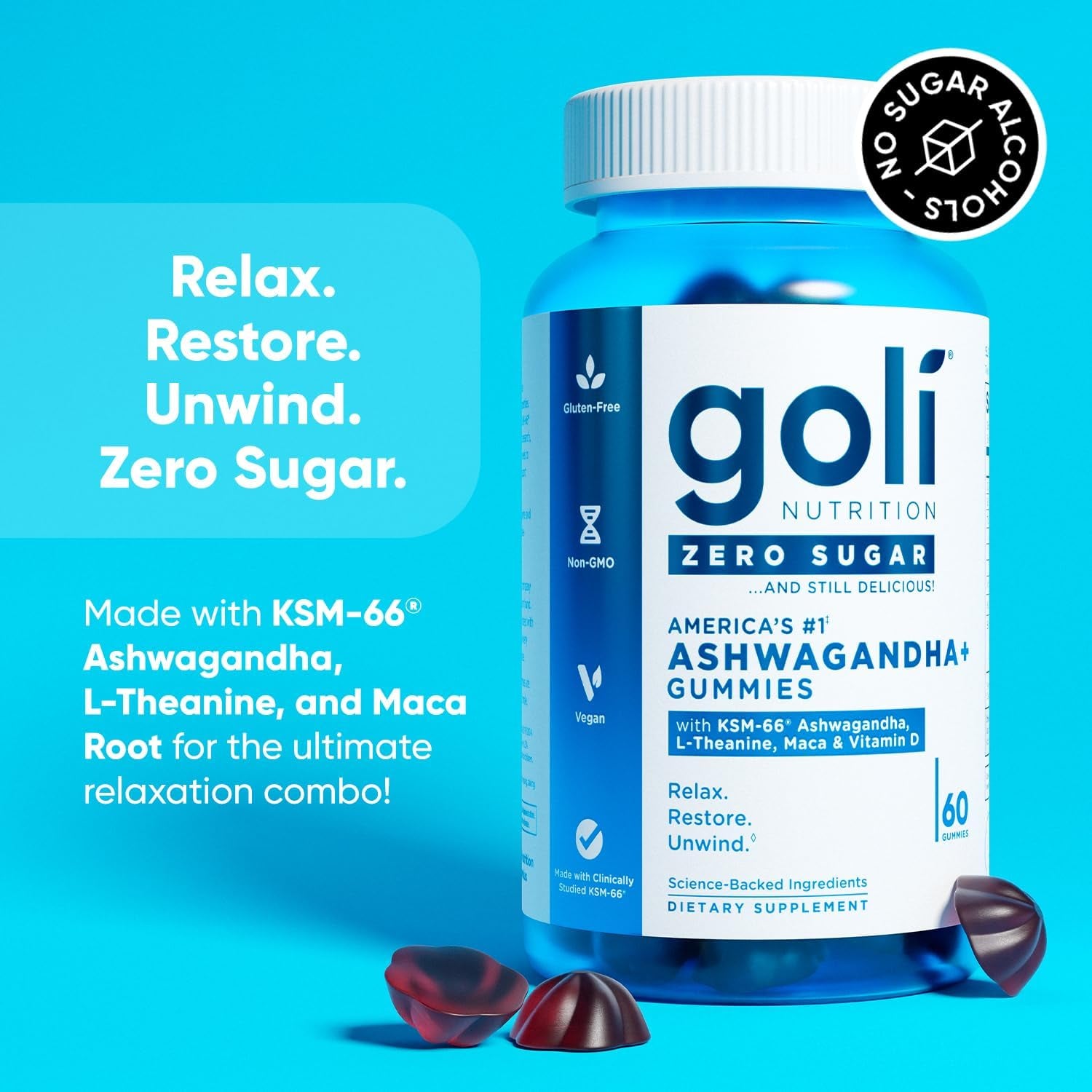 Goli Zero Sugar Ashwagandha+ Gummies – 60 Gummies | Stress Relief & Sleep Support Calm Your Mind, Fuel Your Body – Now with Zero Sugar!