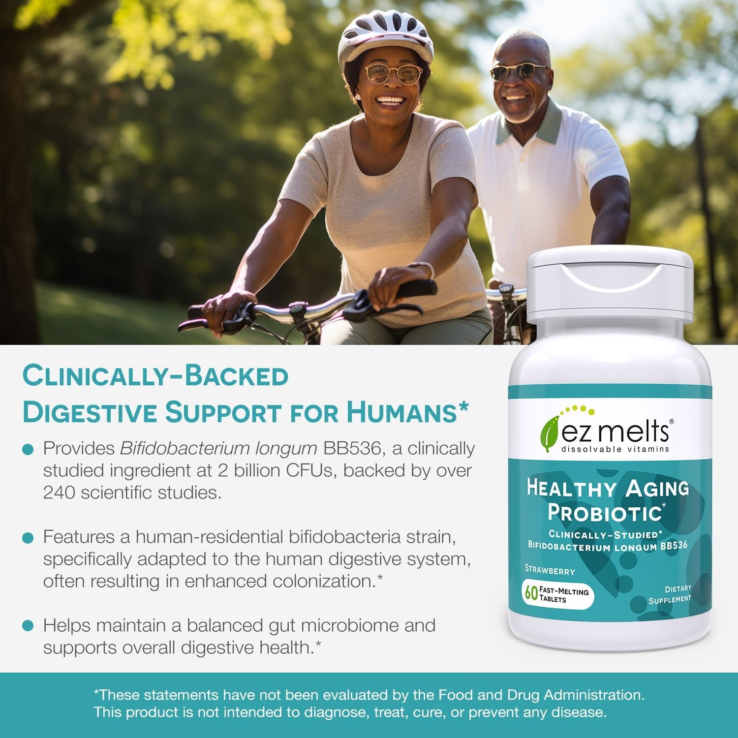 EZ Melts Dissolvable Vitamins Healthy Aging Probiotic – 60 Tablets | Fast-Melting Bifidobacterium BB536 for Gut Health & Vitality