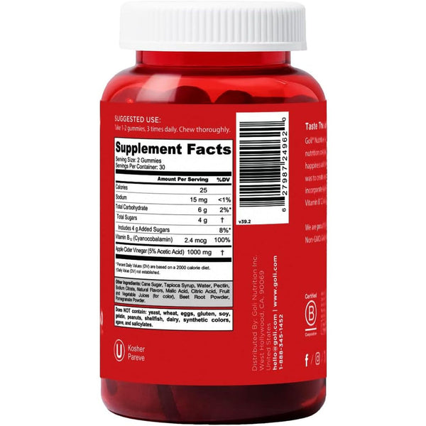 Goli Apple Cider Vinegar Gummies – 60 Gummies | Digestive Health & Energy Support with Vitamin B12