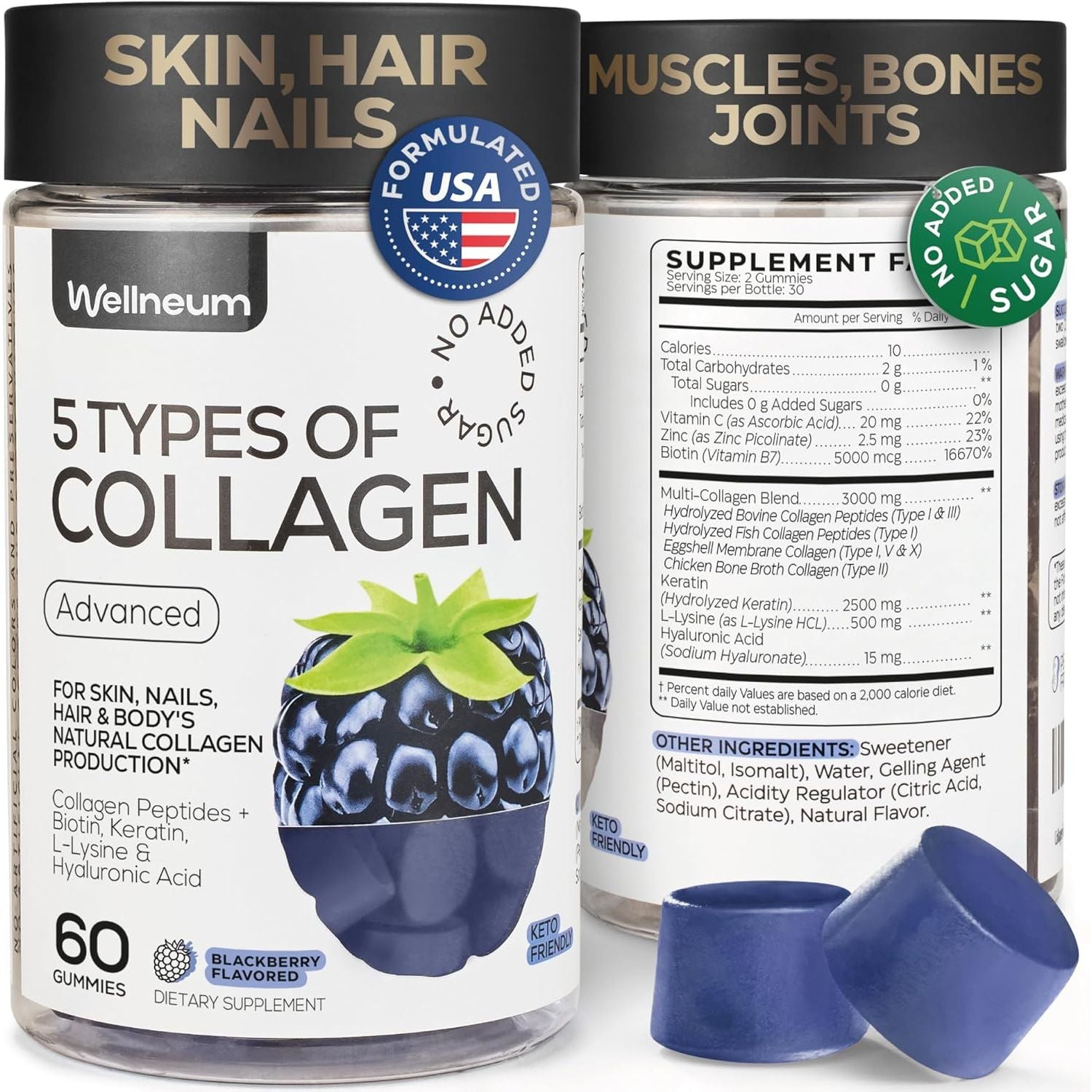 Collagen Peptides Gummies Sugar Free, 3000Mg Multi Collagen Blend + 2500Mg Keratin + 5000Mcg Biotin, with Vitamin C, Zinc & Hyaluronic Acid, Non-Gmo, 60 Gummies (30 Servings)