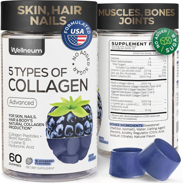 Collagen Peptides Gummies Sugar Free, 3000Mg Multi Collagen Blend + 2500Mg Keratin + 5000Mcg Biotin, with Vitamin C, Zinc & Hyaluronic Acid, Non-Gmo, 60 Gummies (30 Servings)