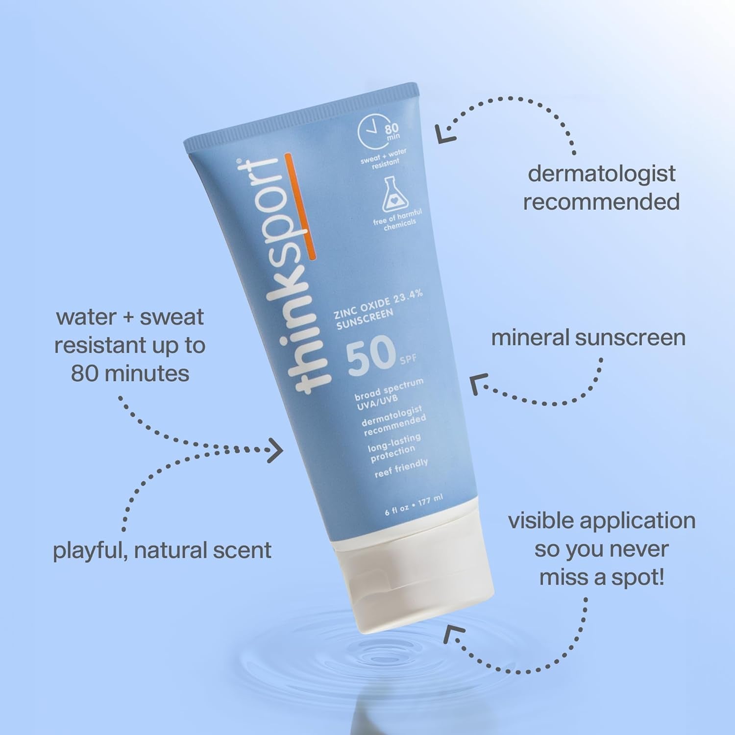 Thinksport Zinc Oxide Sunscreen SPF 50 – 177ml | Broad Spectrum, Reef-Safe Mineral Sun Protection for Active Lifestyles