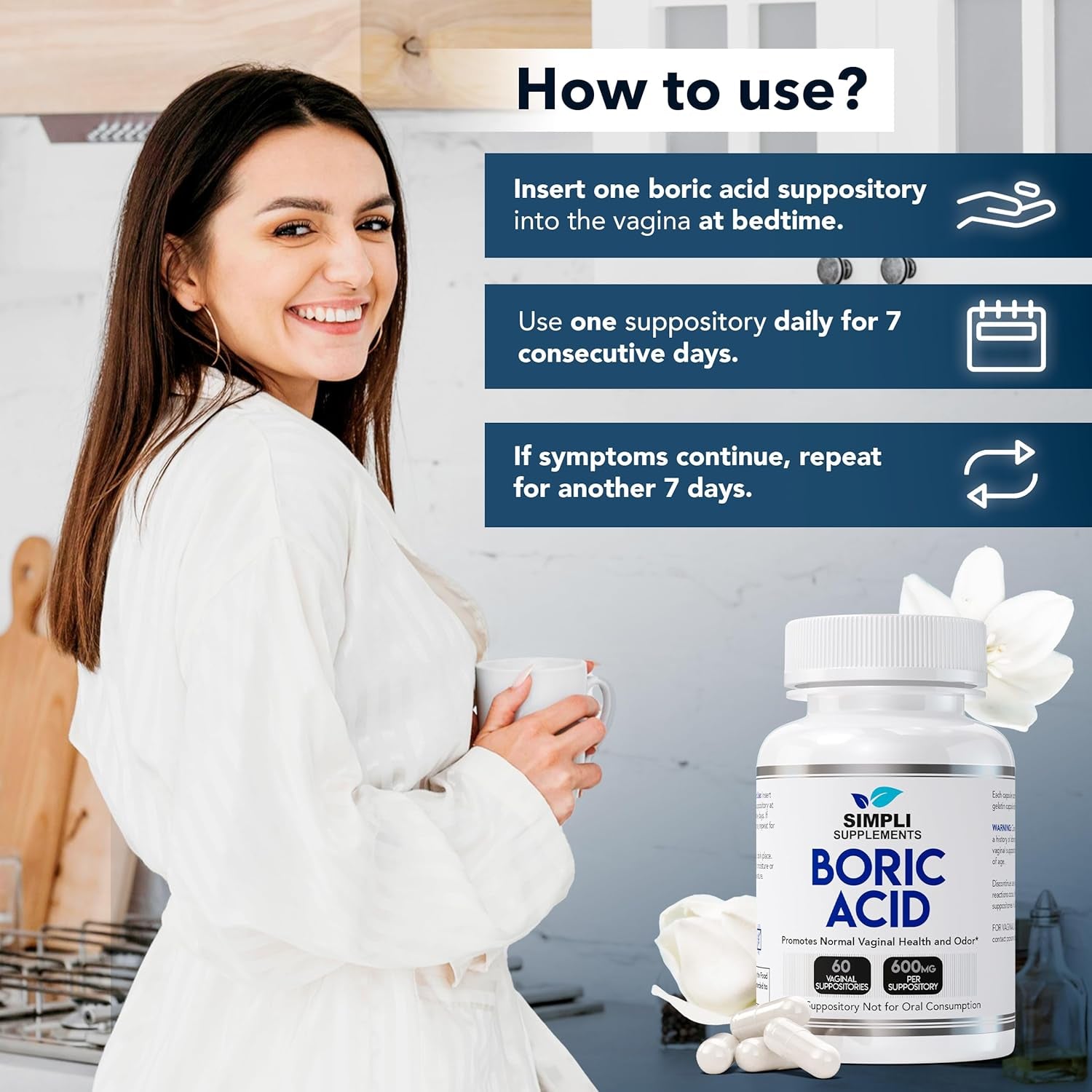 Simpli Supplements 60 Boric Acid Suppositories for Women | BV Treatment for Women | Ph Balance Pills | Vaginal Care | Bacterial Vaginosis Treatment Boric Acid (600Mg)
