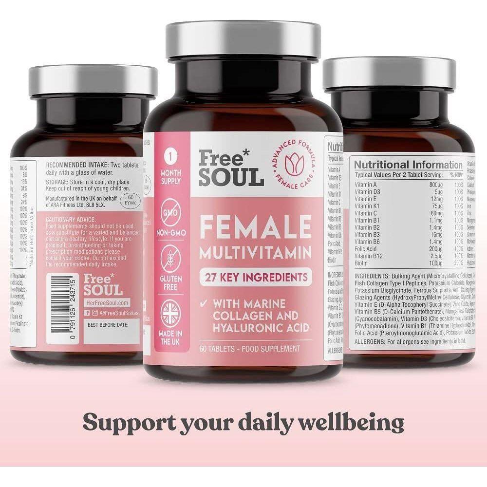 Women'S Multivitamins and Minerals with Collagen & Hyaluronic Acid - 27 Essential Vitamins, Minerals, & Botanicals - 60 Tablets | Gluten-Free & No Synthetic Fillers or Binders | UK Made by