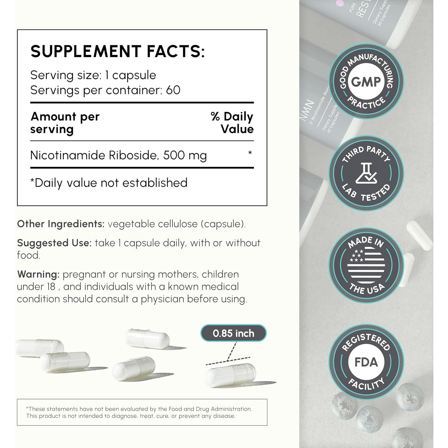 Nicotinamide Riboside (NR) 500Mg – NR Supplement for Cellular Health, Anti-Aging, Energy & Metabolism Support – 2-Month Supply (60 Capsules)