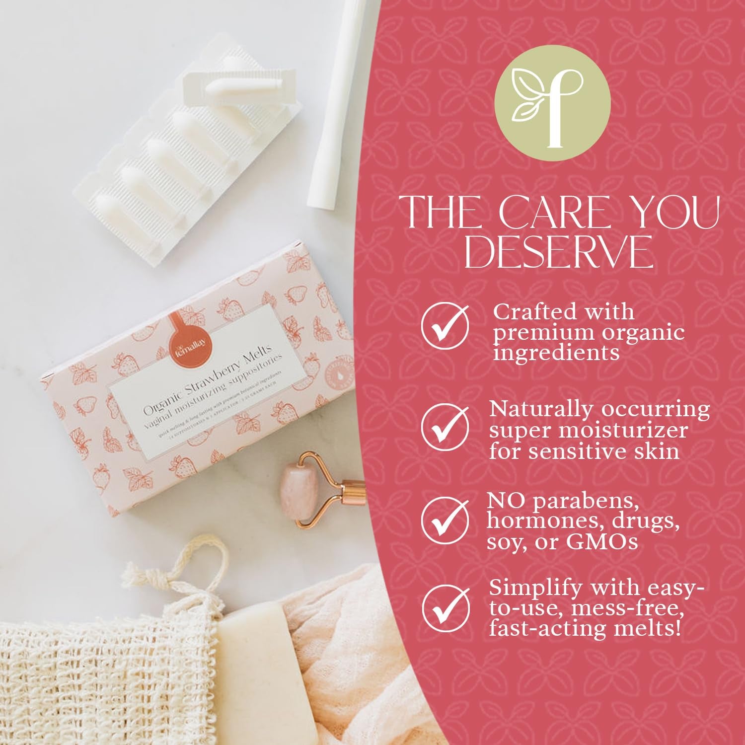 Femallay Organic Vaginal Moisturizing Suppositories – Strawberry – 100% Natural Relief for Dryness, Odor & Daily Feminine Discomfort – 14 Count + Applicator