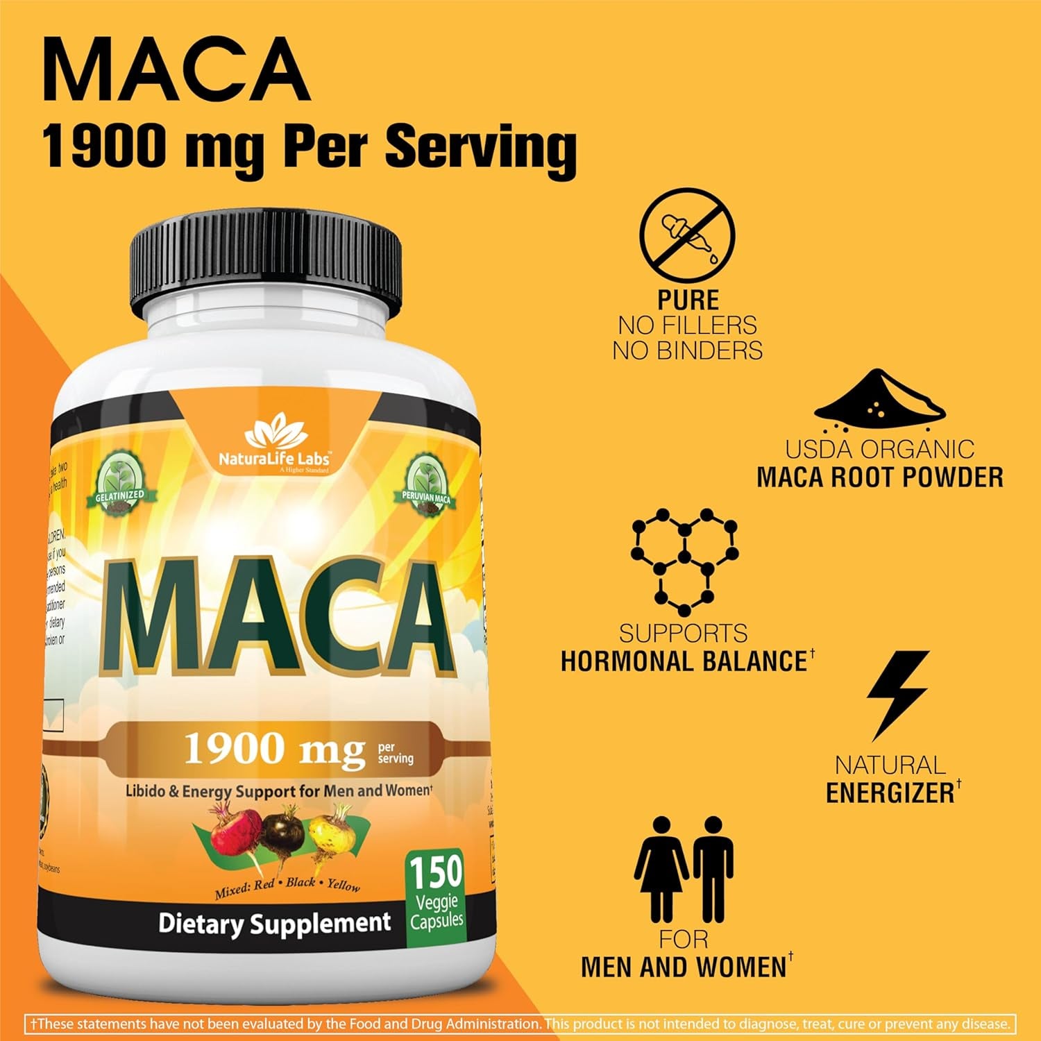 NatureLife Labs Organic Maca Root – Black, Red & Yellow – 1900 Mg per Serving – 150 Capsules – Gelatinized Peruvian Maca – Non-Gmo, Gluten-Free, Vegan