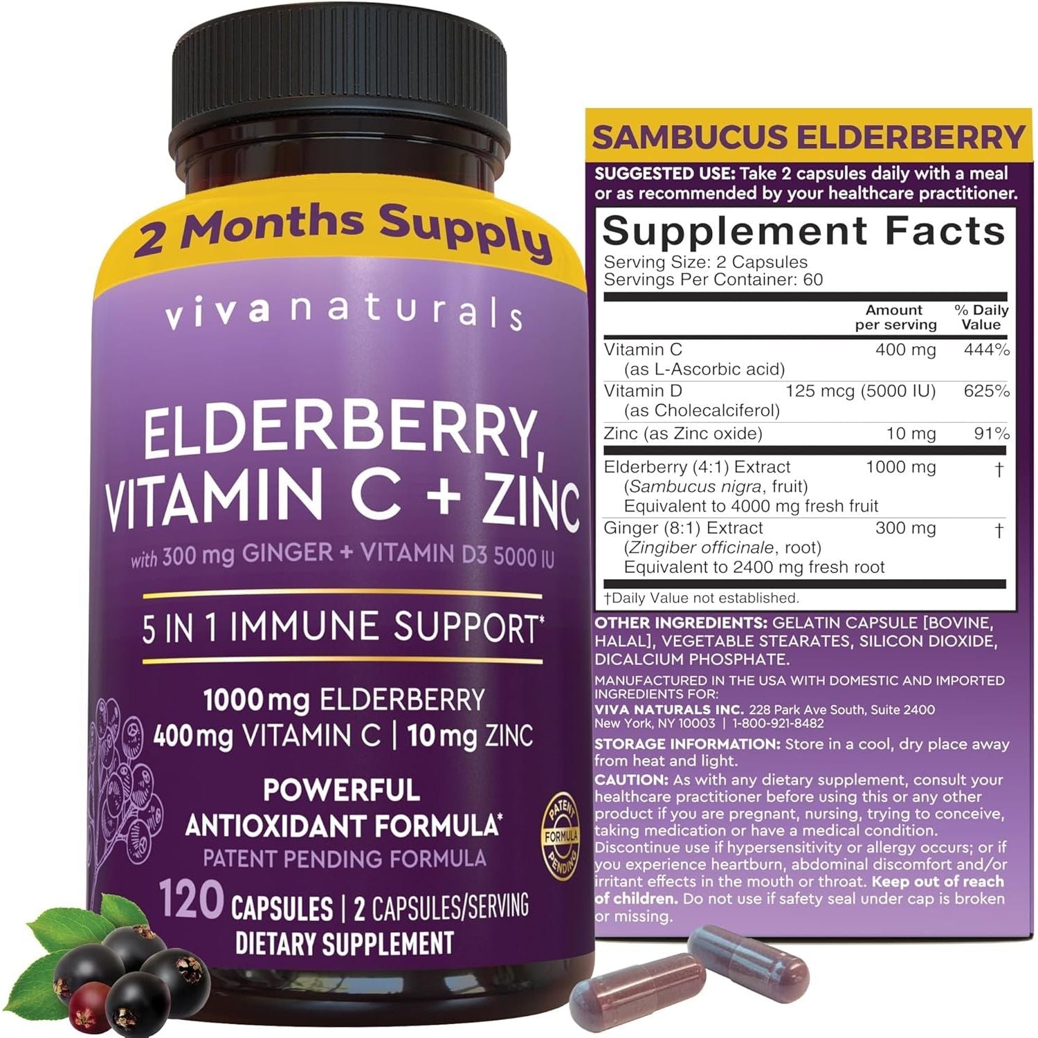 Viva Naturals Elderberry, Vitamin C + Zinc – 5-in-1 Immune Support, 120 Capsules