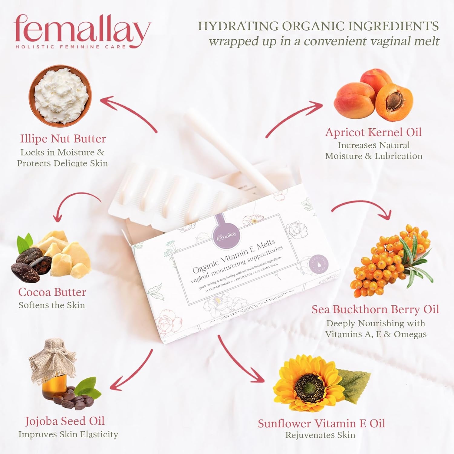 Femallay Organic Vitamin E Melts Vaginal Moisturizing Suppository Melts – 14 Suppositories + Applicator (2.25g Each) | Deep Hydration & Comfort for Women
