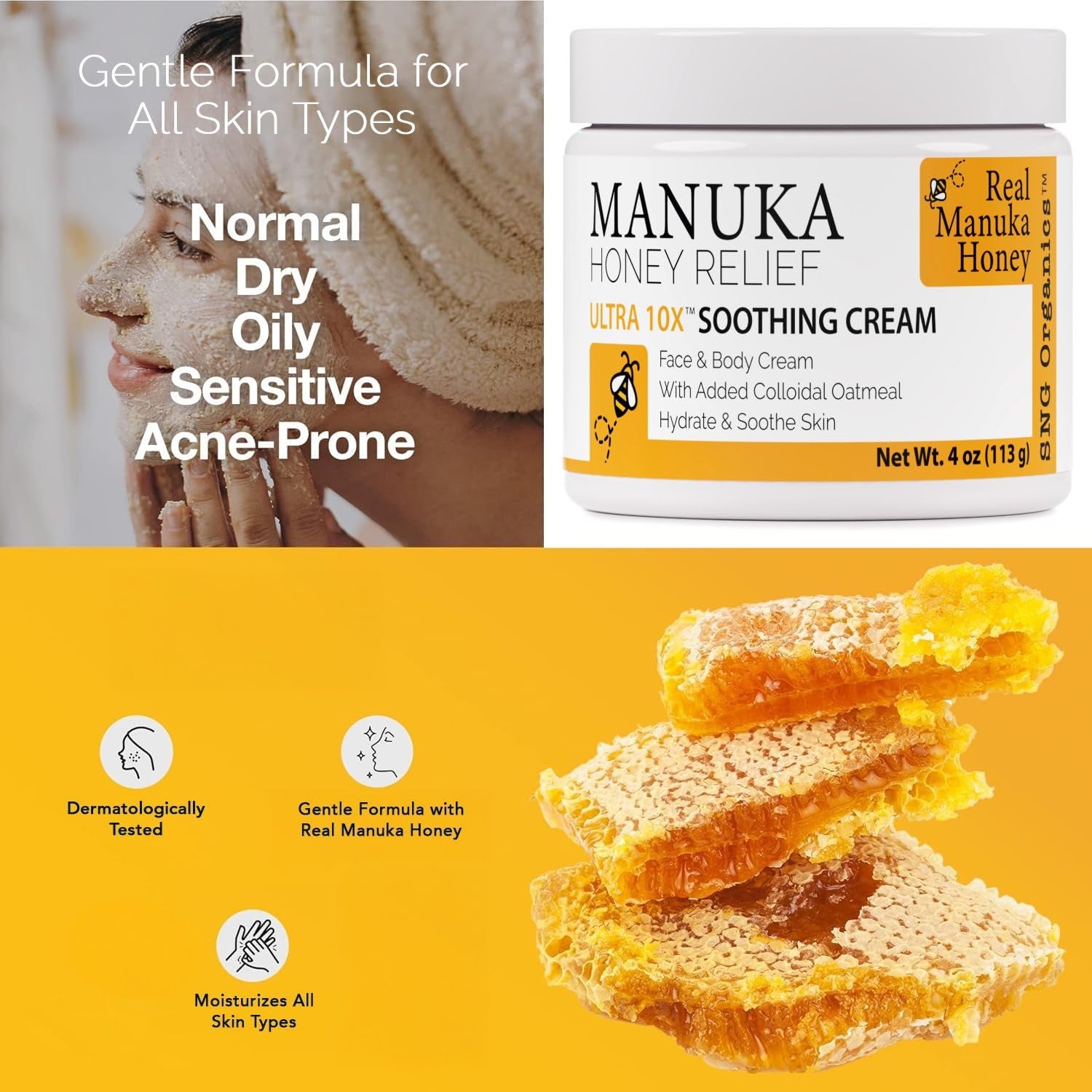 Super Natural Goods Manuka Honey Relief Ultra 10X Soothing Cream – 113g | Deep Hydration for Sensitive, Dry & Irritated Skin