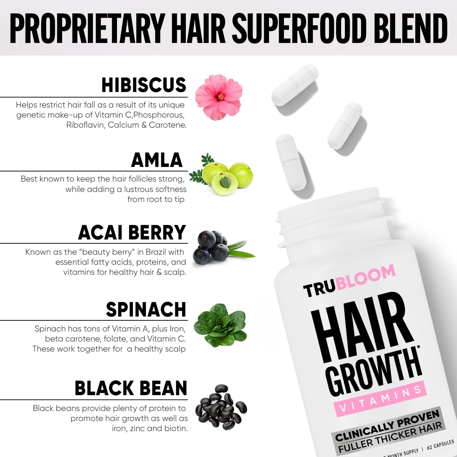 St. Tropica Tru Bloom Hair Growth Vitamins – 62 Capsules | Clinically Proven for Thicker, Fuller Hair in 60 Days