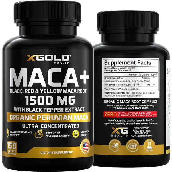 X Gold Health Organic Maca Root Powder Capsules 1500Mg with Black | Red & Yellow Peruvian Maca Root Extract Gelatinized, Energy & Mood Supplement for Men & Women + Black Pepper for Best Benefits