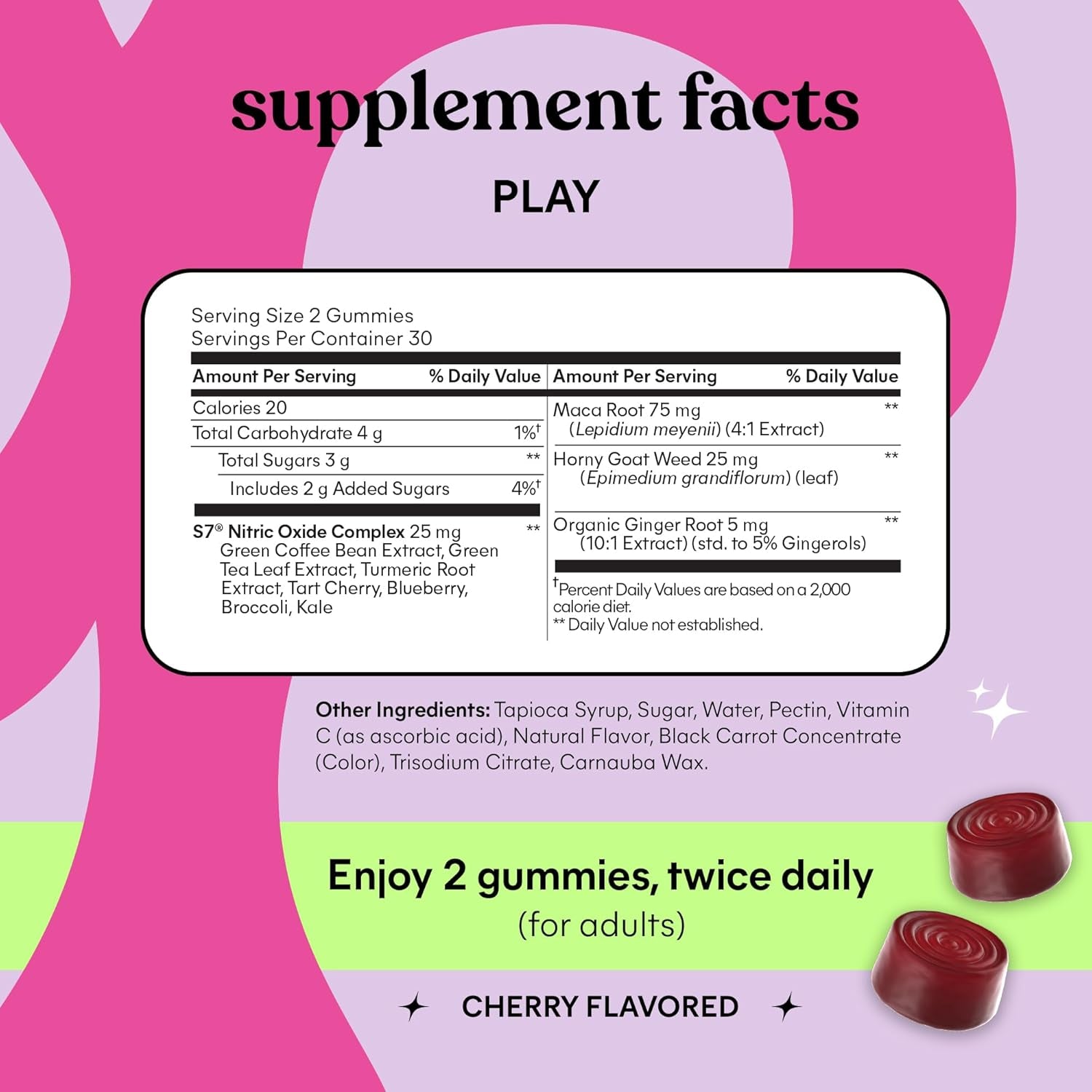 Lemme Play Daily Intimacy Gummies for Women and Men W/Clinically-Studied S7 Nitric Oxide Complex for Healthy Blood Flow, Maca Root, Goat Weed - Cherry Flavored (60 Count)
