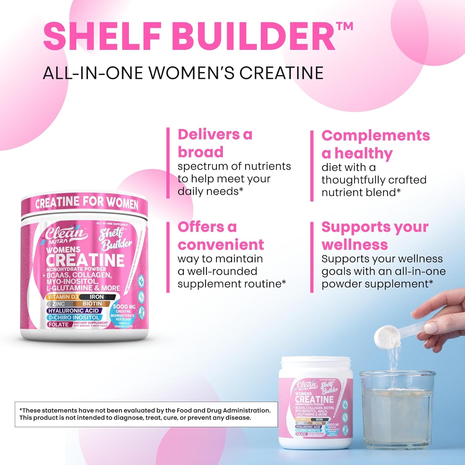 Clean Nutraceuticals Women’s Creatine – 269g | Tropical Orange – Creatine + Collagen, BCAAs, Biotin & Vitamins for Muscle, Recovery & Beauty