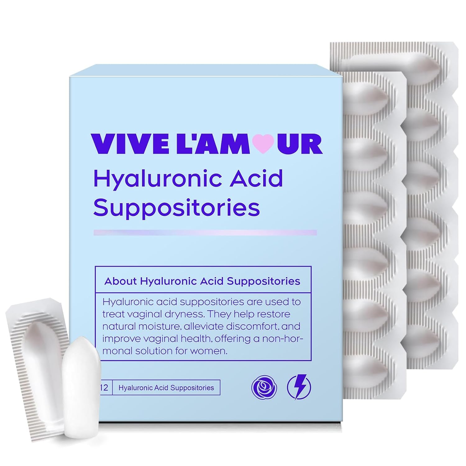 Vive L'Amour 1.5% Hyaluronic Acid Vaginal Suppositories, Vaginal Moisturizer, Continuous Hydration, Relieves Dryness, Restores Natural Softness & Elasticity, Enhances Vaginal Health (12 Inserts)