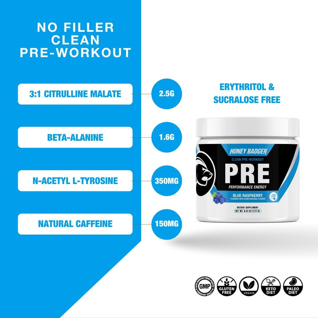 Honey Badger Clean Pre-Workout (Blue Raspberry Flavor) – 177g | Zero-Crash Energy, Focus & Performance Fuel