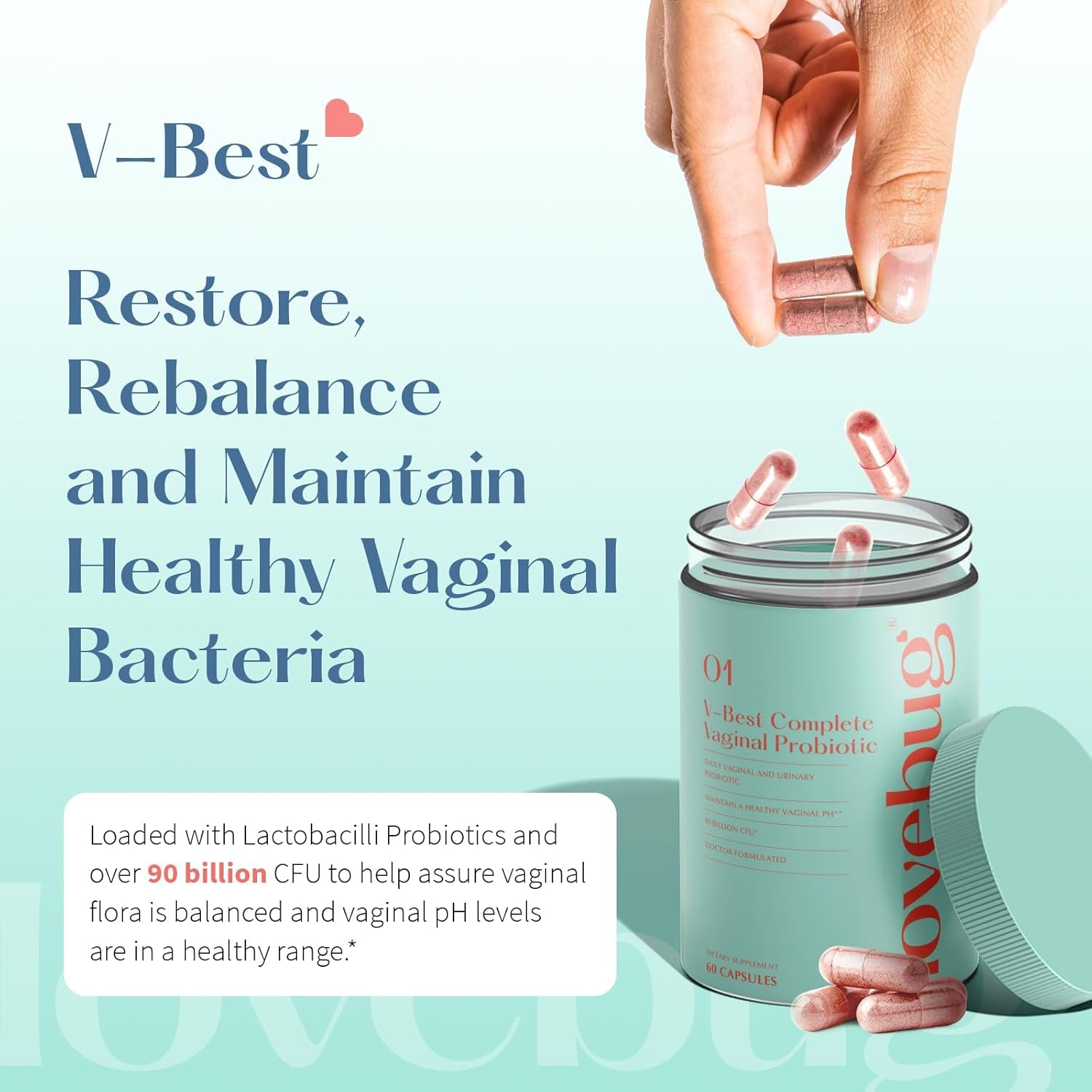 LoveBug Women's Health V-Best Complete Vaginal Probiotic – 60 Capsules | 90 Billion CFU, pH Balance, Yeast & UTI Support