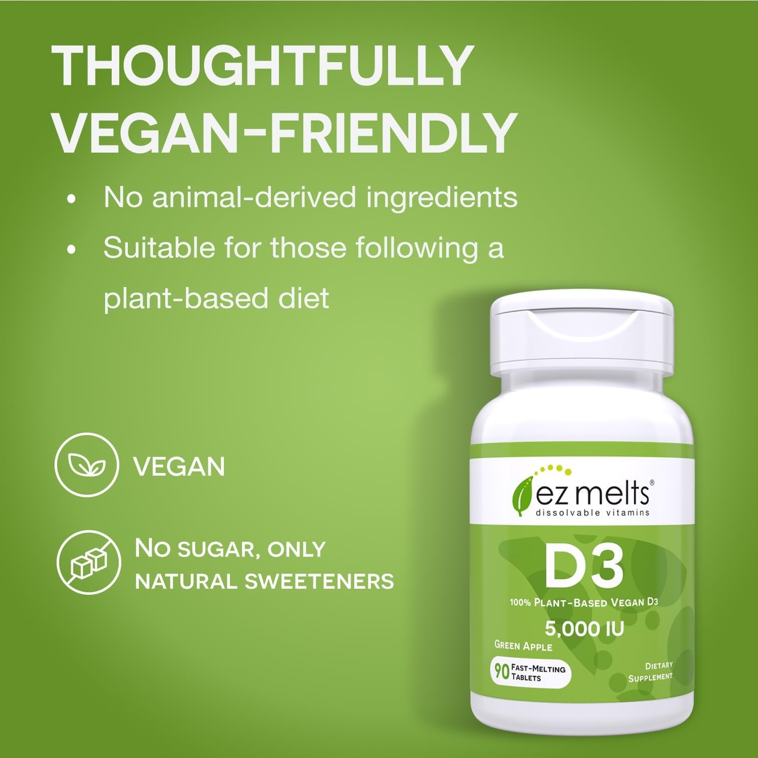EZ Melts Dissolvable Vitamin D3 5,000 IU – 90 Tablets | Fast-Melting Green Apple Immune & Bone Support