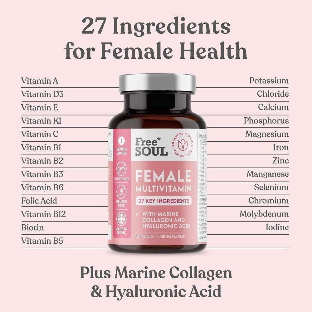 Women'S Multivitamins and Minerals with Collagen & Hyaluronic Acid - 27 Essential Vitamins, Minerals, & Botanicals - 60 Tablets | Gluten-Free & No Synthetic Fillers or Binders | UK Made by